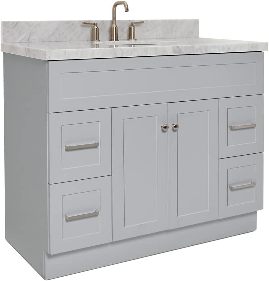 ARIEL Hamlet 42-inch Bathroom Vanity with Sink,Solid Wood, 1.5-inch Italian Carrara Marble Countertop & Backsplash, Single Oval Porcelain Sink, 2 Soft Closing Doors, 4 Dovetail Drawers, Grey