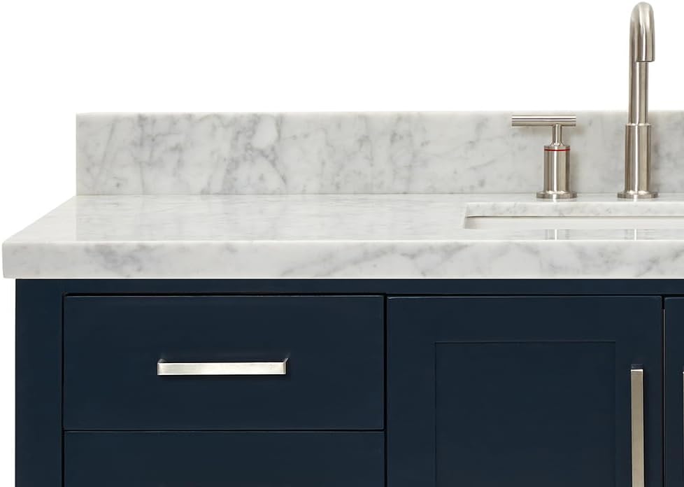 ARIEL Magnolia 54-inch Bathroom Vanity with Sink,Solid Wood, 1.5-inch Italian Carrara Marble Countertop, Single Rectangular Porcelain Sink, 2 Soft Closing Doors, 6 Dovetail Drawers, Midnight Blue