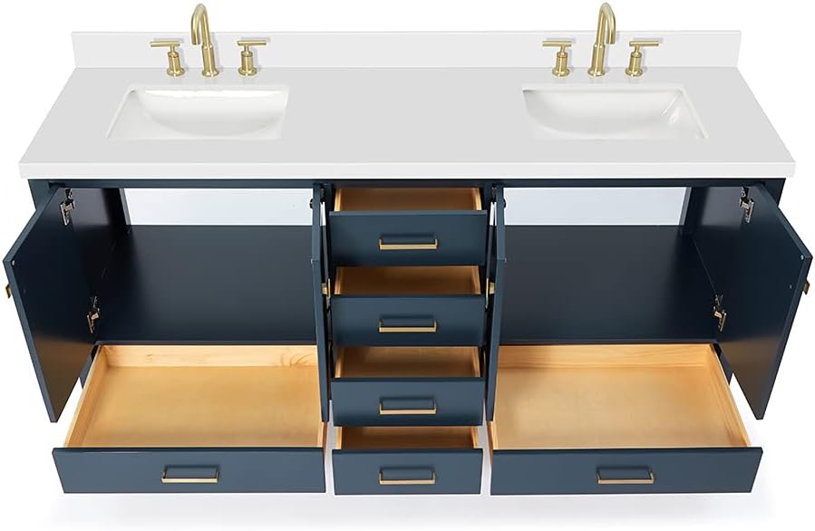DKB Beckford 72 Inch Bathroom Vanity Double Sink — Midnight Blue Bathroom Vanity with Sink, 1.5' Edge Pure White Quartz Countertop & Backsplash, 4 Soft-Close Doors, 6 Dovetail Drawers