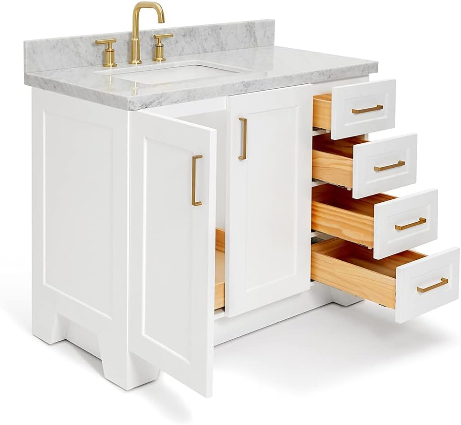 ARIEL Taylor 42-inch Bathroom Vanity with Sink,Solid Wood, 1.5-inch Italian Carrara Marble Countertop, Single Rectangular Porcelain Sink, 2 Soft Closing Doors, 5 Dovetail Drawers, White
