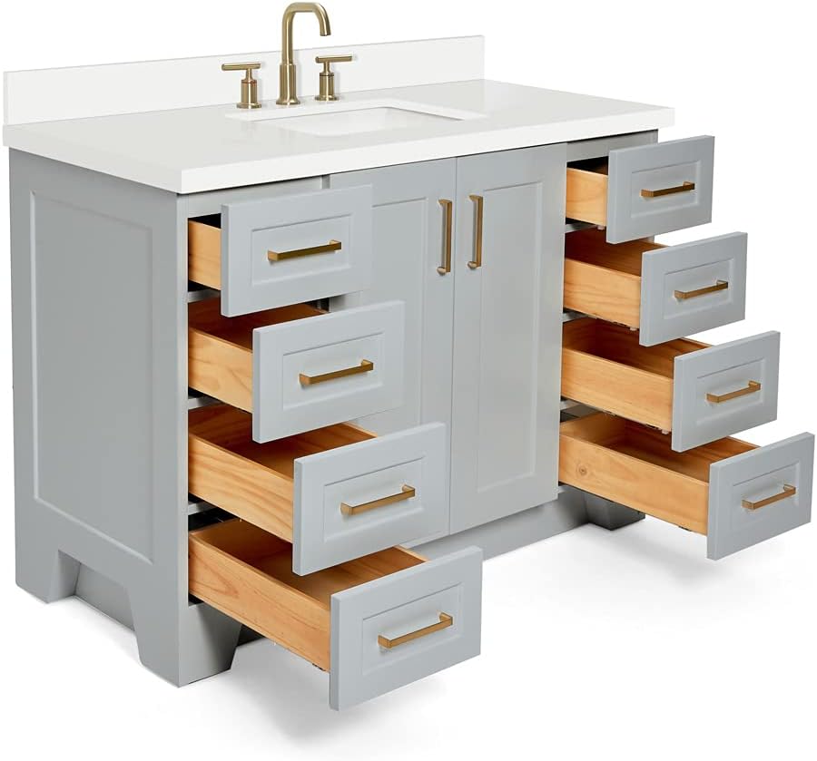 ARIEL Taylor 48-inch Bathroom Vanity with Sink,Solid Wood, 1.5-inch Pure White Quartz Countertop, Single Rectangular Porcelain Sink, 2 Soft Closing Doors, 9 Dovetail Drawers, Satin Brass, Grey