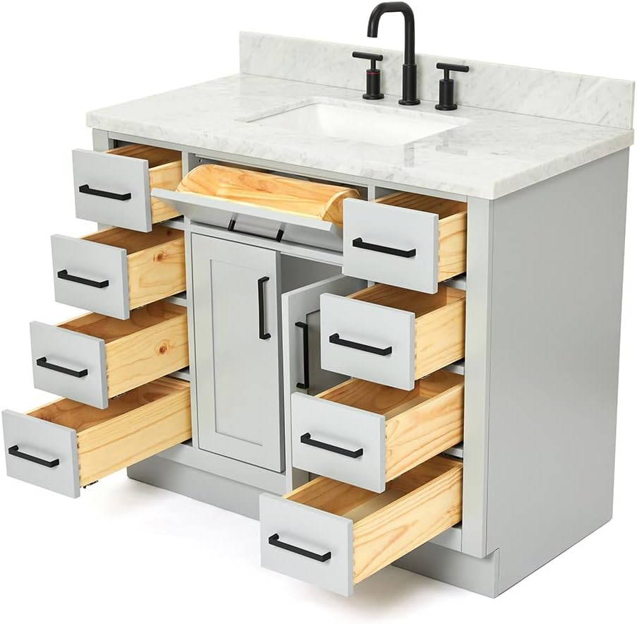 ARIEL Hepburn 42' Gray Single Bathroom Vanity with Sink, 1.5' Edge Italian Carrara Marble Top, Solid Wood Frame, Rectangular Undermount Sink, 2 Soft Closing Doors, 9 Dovetail Drawers