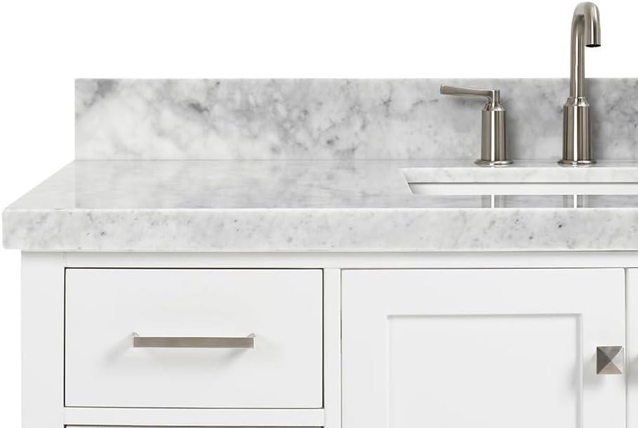ARIEL Cambridge 48-inch Bathroom Vanity with Sink,Solid Wood, 1.5-inch Italian Carrara Marble Countertop, Single Rectangular Porcelain Sink, 2 Soft Closing Doors, 9 Dovetail Drawers, White