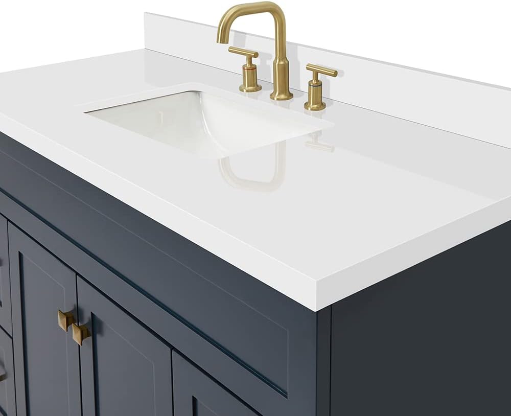 ARIEL Hamlet 48-inch Bathroom Vanity with Sink,Solid Wood, 1.5-inch Pure White Quartz Countertop, Single Rectangular Porcelain Sink, Soft Closing Doors, Dovetail Drawers, Midnight Blue
