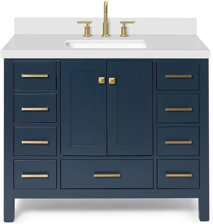ARIEL Cambridge 42-inch Bathroom Vanity with Sink,Solid Wood, 1.5-inch Pure White Quartz Countertop, Single Rectangular Porcelain Sink, 2 Soft Closing Doors, 9 Dovetail Drawers, Midnight Blue