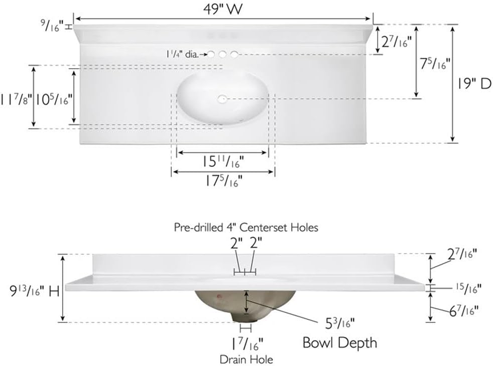 BOWERY HILL Cultured Marble Single Bowl Vanity Top, 49x19, Solid White Finish, Oval Sink, Pre-Drilled 4' Faucet Holes, Integrated Backsplash, Modern Bathroom Countertop