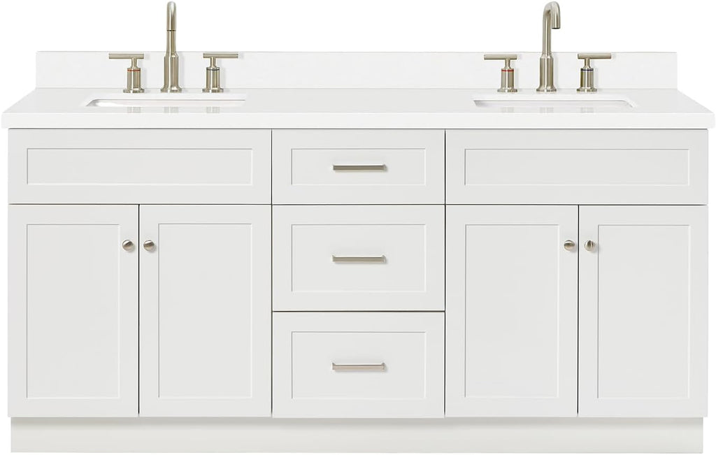 ARIEL Hamlet 72-inch Bathroom Vanity with Sink,Solid Wood, 1.5-inch Pure White Quartz Countertop & Backsplash, Double Rectangular Porcelain Sink, 4 Soft Closing Doors, 3 Dovetail Drawers, White