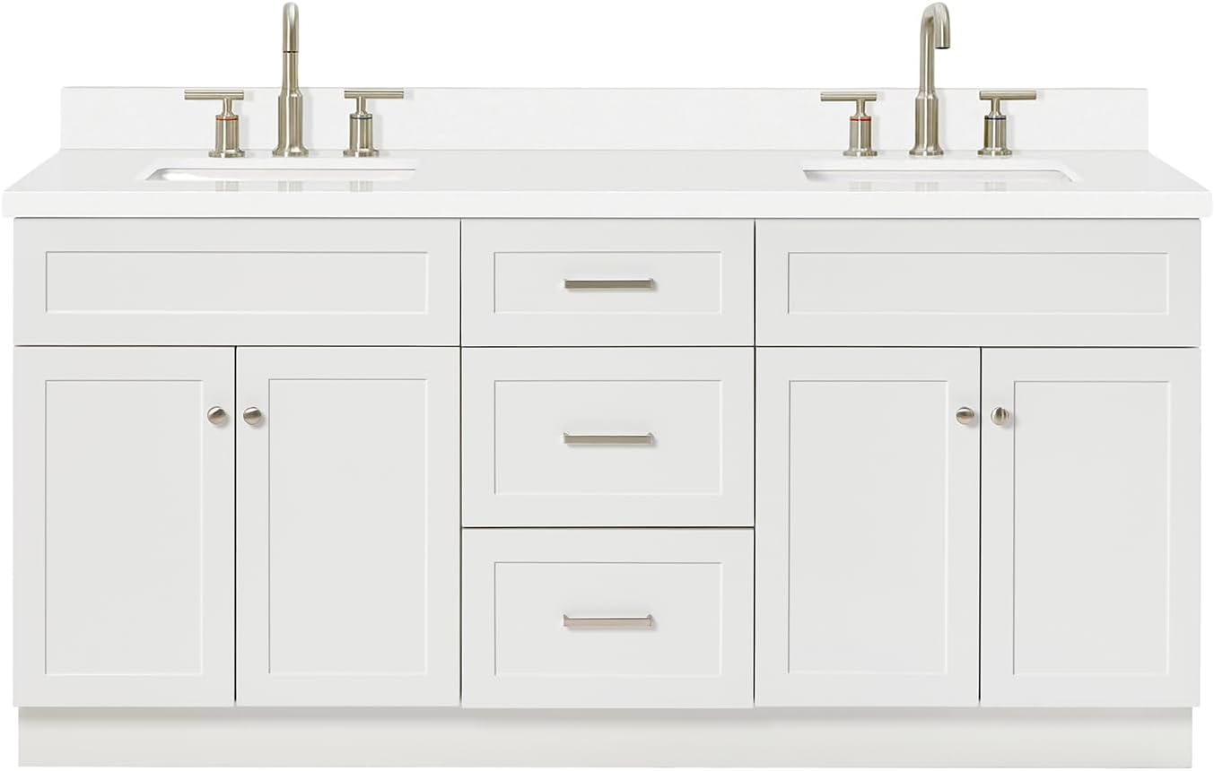 ARIEL Hamlet 72-inch Bathroom Vanity with Sink,Solid Wood, 1.5-inch Pure White Quartz Countertop & Backsplash, Double Rectangular Porcelain Sink, 4 Soft Closing Doors, 3 Dovetail Drawers, White