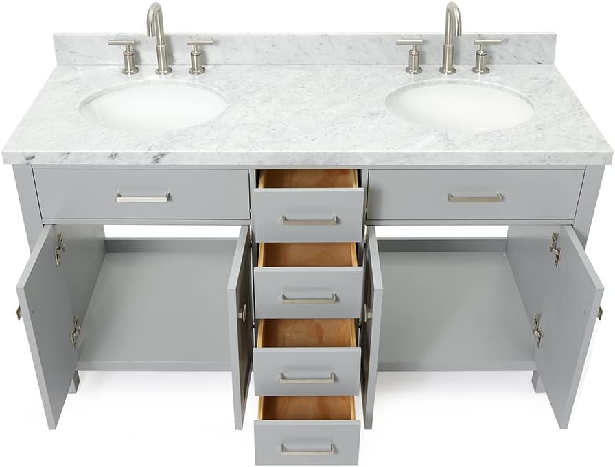 ARIEL Bristol 60-inch Bathroom Vanity with Sink,Solid Wood, 1.5-inch Italian Carrara Marble Countertop, Double Oval Porcelain Sink, Soft Closing Doors, Dovetail Drawers, Grey