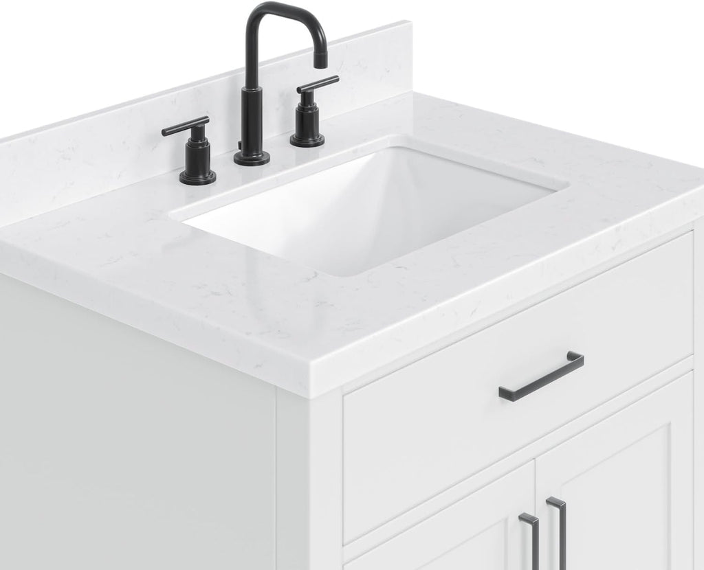 ARIEL Hepburn 30-inch Bathroom Vanity with Sink,Solid Wood, 1.5-inch Carrara White Quartz Countertop & Backsplash, Single Rectangular Porcelain Sink, 2 Soft Closing Doors, 1 Dovetail Drawers, White