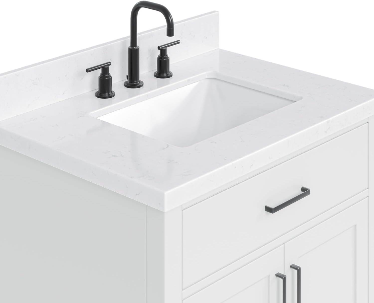 ARIEL Hepburn 30-inch Bathroom Vanity with Sink,Solid Wood, 1.5-inch Carrara White Quartz Countertop & Backsplash, Single Rectangular Porcelain Sink, 2 Soft Closing Doors, 1 Dovetail Drawers, White