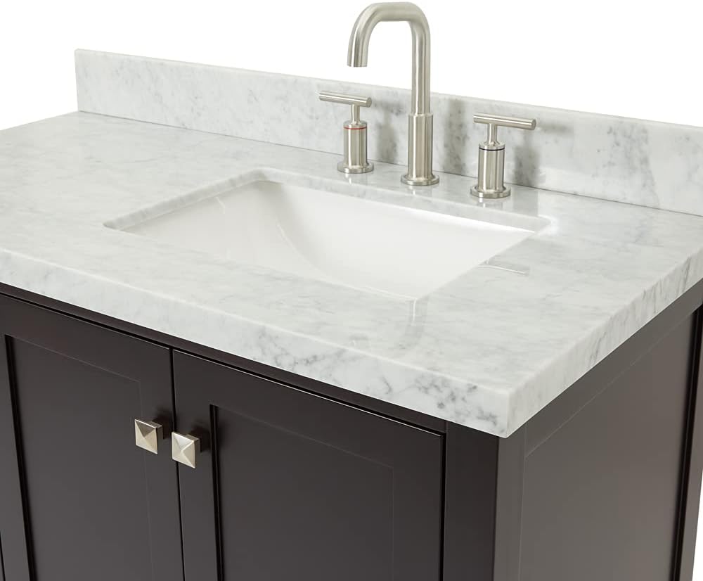 DKB Beckford 42-Inch Espresso Single Bathroom Vanity with Sink, Solid Wood, 1.5' Carrara Marble Countertop & Backsplash, Right Rectangular Undermount Sink, 2 Soft Closing Doors, 5 Drawers