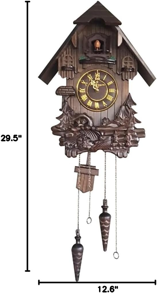 Wall Cuckoo Clocks Black Forest Wooden Cuckoo Clock. Black Forest Hand-Carved Cuckoo Clock. Bright Cuckoo Bird Sounds On The Hour and Chime Has Automatic Shut-Off. Excellent Gift.