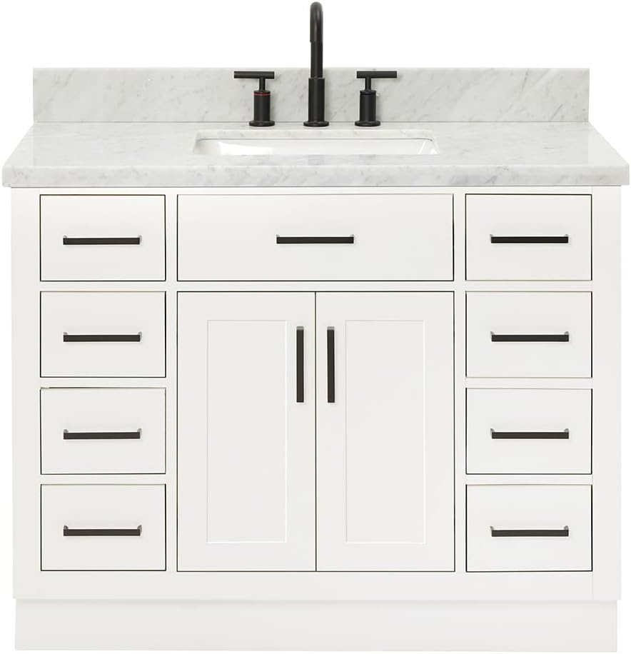 DKB Isabella 42-Inch White Single Bathroom Vanity with Sink, 1.5' Edge Italian Carrara Marble Countertop & Splash, Rectangular Undermount Sink, 2 Soft Closing Doors, 9 Dovetail Drawers, Toe Kick