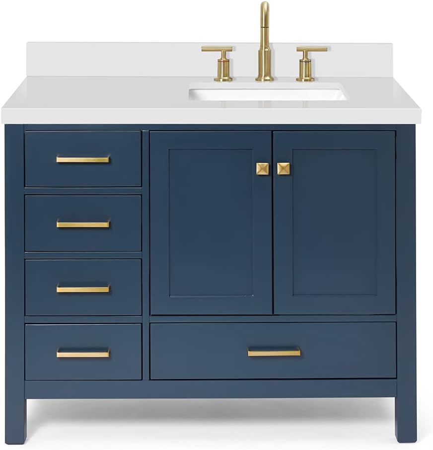 ARIEL Cambridge 42-inch Bathroom Vanity with Sink,Solid Wood, 1.5-inch Pure White Quartz Countertop, Single Rectangular Porcelain Sink, 2 Soft Closing Doors, 5 Dovetail Drawers, Midnight Blue