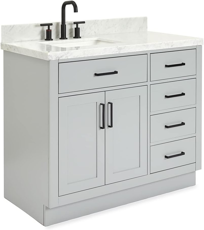 ARIEL 42' Gray Single Bathroom Vanity with Sink, 1.5' Edge Italian Carrara Marble Top, Solid Wood Frame, Rectangular Undermount Sink, 2 Soft Closing Doors, 9 Dovetail Drawers