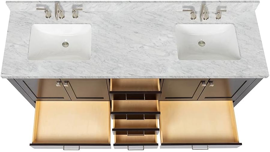 DKB Beckford 72 Inch Bathroom Vanity Double Sink — Espresso Bathroom Vanity with Sink, 1.5' Edge Italian Carrara Marble Countertop & Backsplash, 4 Soft-Close Doors, 6 Dovetail Drawers