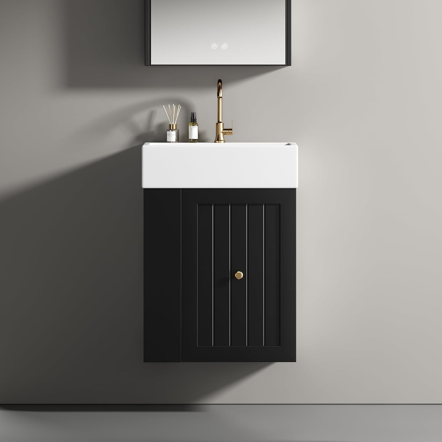 20' Floationg Wall-Mounted Bathroom Vanity with Ceramic Sink, Adjustable Shelf, Toilet Paper Holder, Modern Style, Drawer with Striped Design, Black