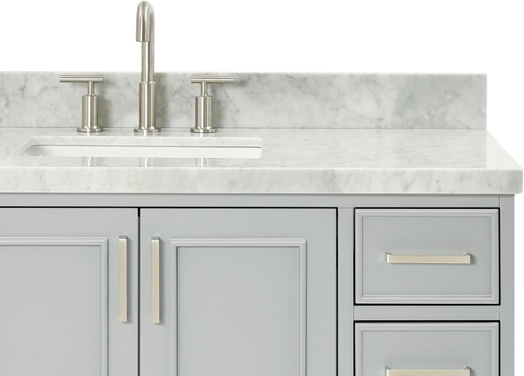ARIEL Stafford 48-inch Bathroom Vanity with Sink,Solid Wood, 1.5-inch Italian Carrara Marble Countertop, Single Rectangular Porcelain Sink, 2 Soft Closing Doors, 9 Dovetail Drawers, Grey