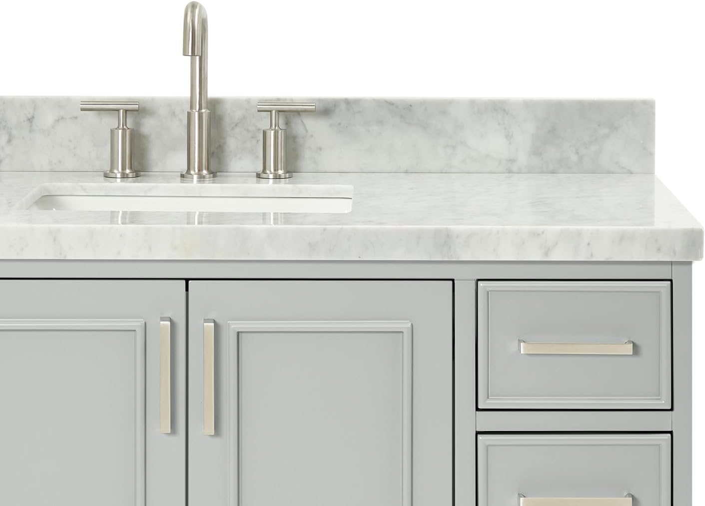 ARIEL Stafford 48-inch Bathroom Vanity with Sink,Solid Wood, 1.5-inch Italian Carrara Marble Countertop, Single Rectangular Porcelain Sink, 2 Soft Closing Doors, 9 Dovetail Drawers, Grey