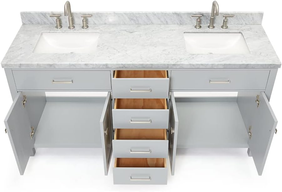 DKB Alenza 72 Inch Bathroom Vanity Double Sink — Grey Bathroom Vanity with Sink, 1.5' Edge Italian Carrara Marble Countertop & Backsplash, 4 Soft-Close Doors, 4 Dovetail Drawers