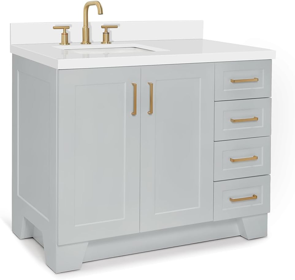 ARIEL Taylor 42-inch Bathroom Vanity with Sink,Solid Wood, 1.5-inch Pure White Quartz Countertop & Backsplash, Single Rectangular Porcelain Sink, 2 Soft Closing Doors, 5 Dovetail Drawers, Grey