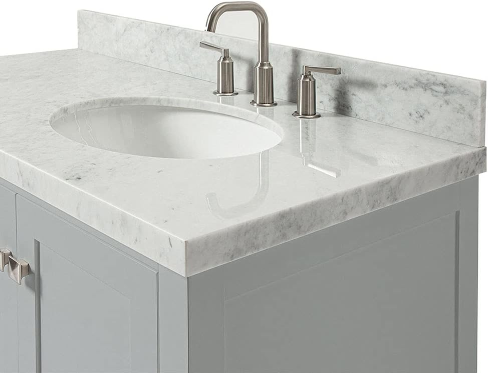 ARIEL Cambridge 42-inch Bathroom Vanity with Sink,Solid Wood, 1.5-inch Italian Carrara Marble Countertop & Backsplash, Single Oval Porcelain Sink, 2 Soft Closing Doors, 5 Dovetail Drawers, Grey