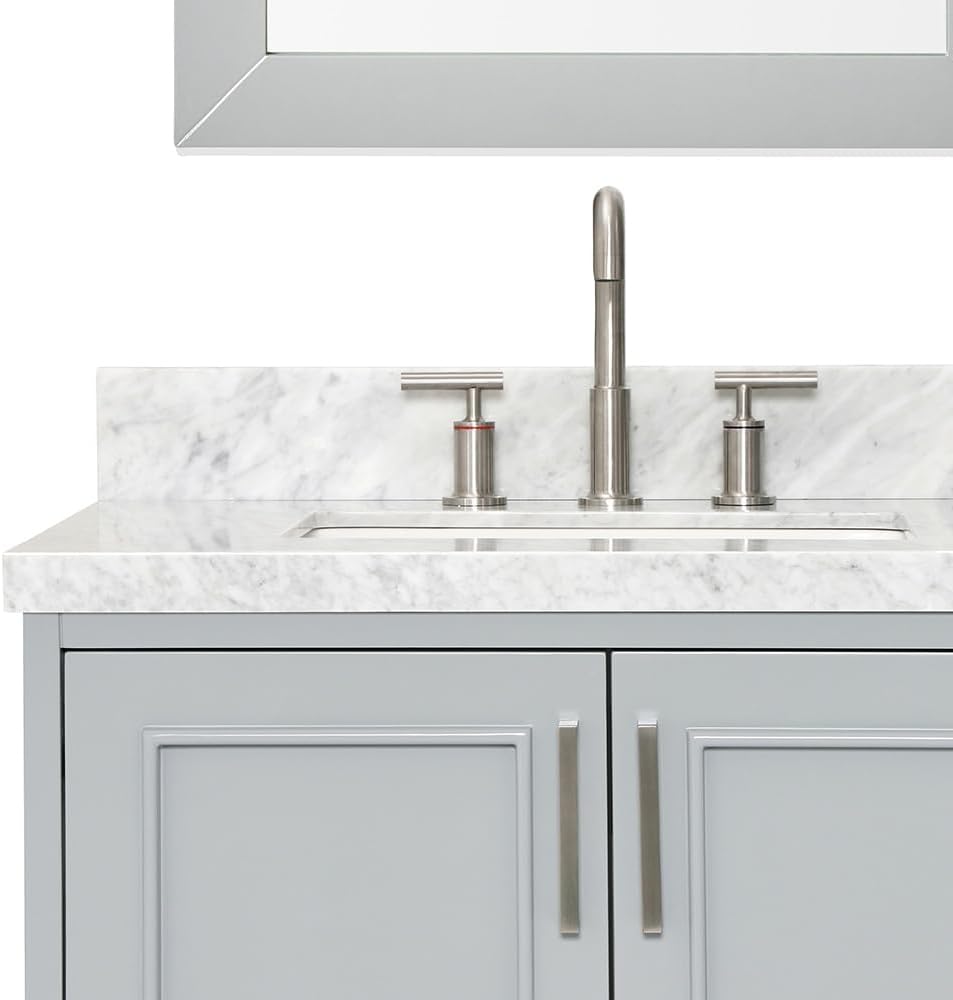 ARIEL Stafford 84-inch Bathroom Vanity with Sink,Solid Wood, 1.5-inch Italian Carrara Marble Countertop, Double Rectangular Porcelain Sink, 5 Soft Closing Doors, 6 Dovetail Drawers, Grey