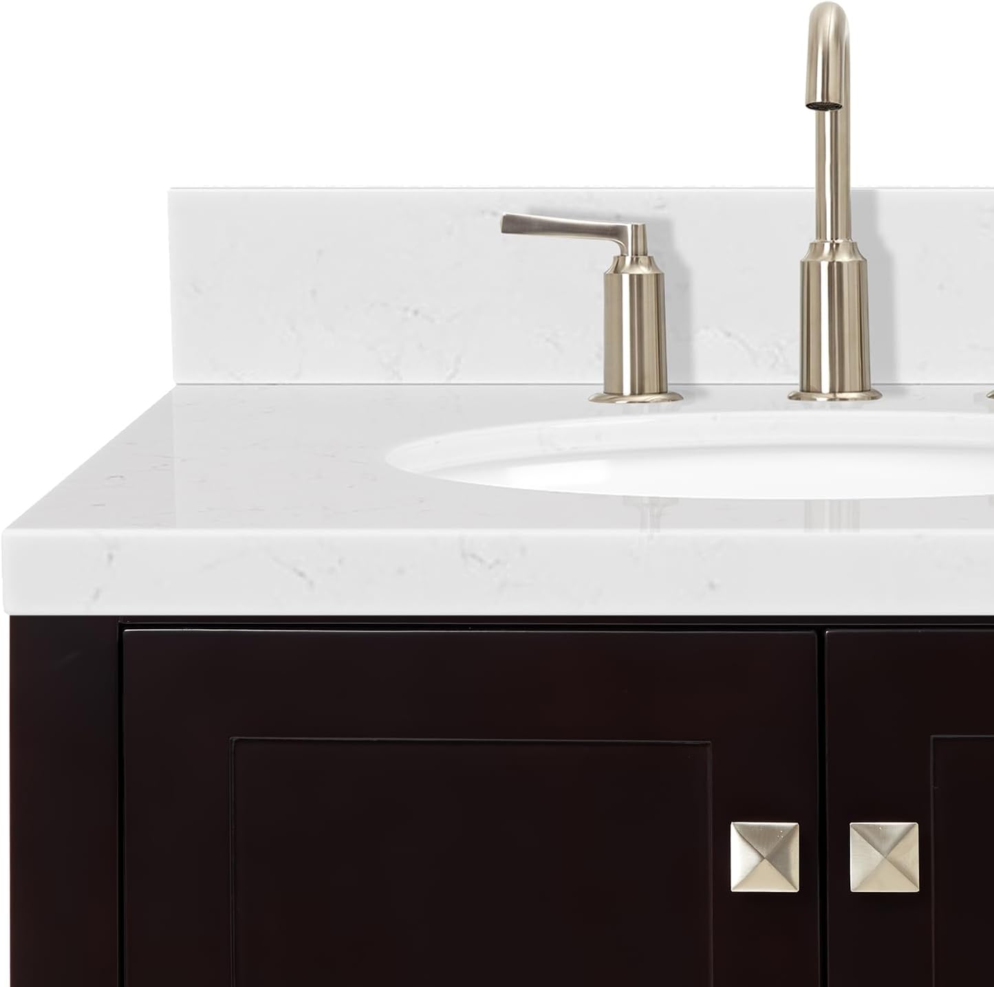 DKB Beckford 42-Inch Espresso Bathroom Vanity, Single Left Oval Undermount Sink, 1.5-Inch Carrara White Quartz Countertop & Backsplash, 2 Soft Closing Doors, 5 Dovetail Drawers, Solid Wood Frame