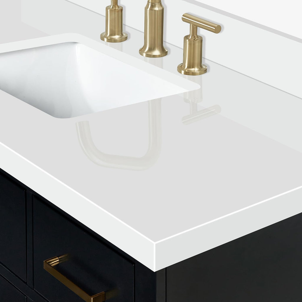 ARIEL Hepburn 48-inch Bathroom Vanity with Sink,Solid Wood, 1.5-inch Pure White Quartz Countertop & Backsplash, Single Rectangular Porcelain Sink, 2 Soft Closing Doors, 9 Dovetail Drawers, Black