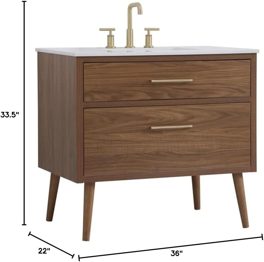 36' Pre-Assembled Bathroom Vanity with Sink, Engineered Wood, Ivory White Engineered Marble Countertop Attached, Single Rectangle Porcelain Sink, 2 Soft-Close Drawers, Walnut Brown