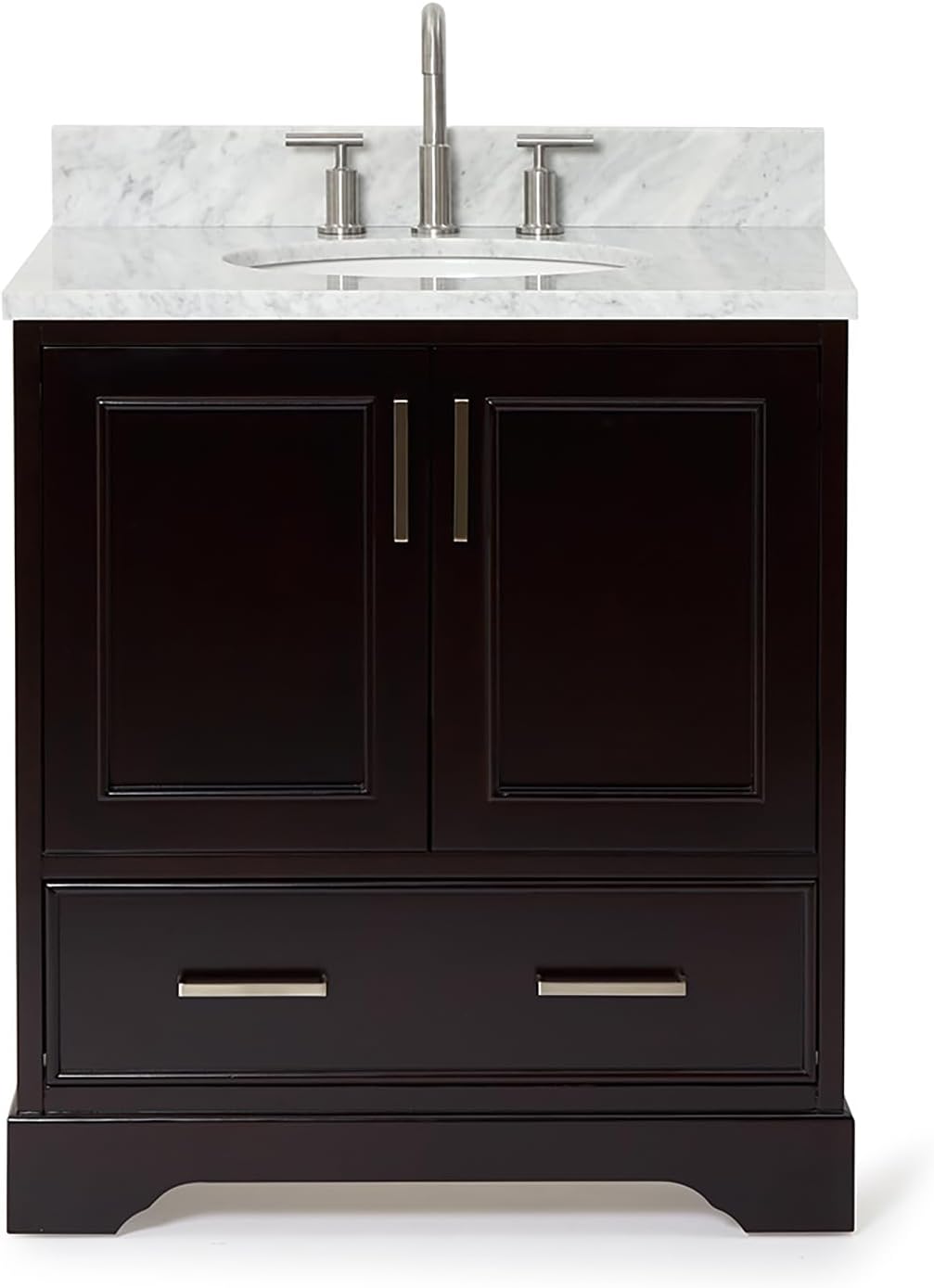 ARIEL Stafford 30-inch Bathroom Vanity with Sink,Solid Wood, 0.75-inch Italian Carrara Marble Countertop & Backsplash, Single Oval Porcelain Sink, 2 Soft Closing Doors, 1 Dovetail Drawers, Espresso