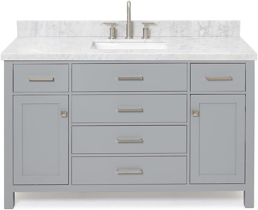 ARIEL 60-Inch White Bathroom Vanity with Sink, 1.5-Inch Italian Carrara Marble Countertop & Backsplash, Rectangular Ceramic Sink, 2 Soft Closing Doors, 5 Dovetail Drawers, Polished Chrome