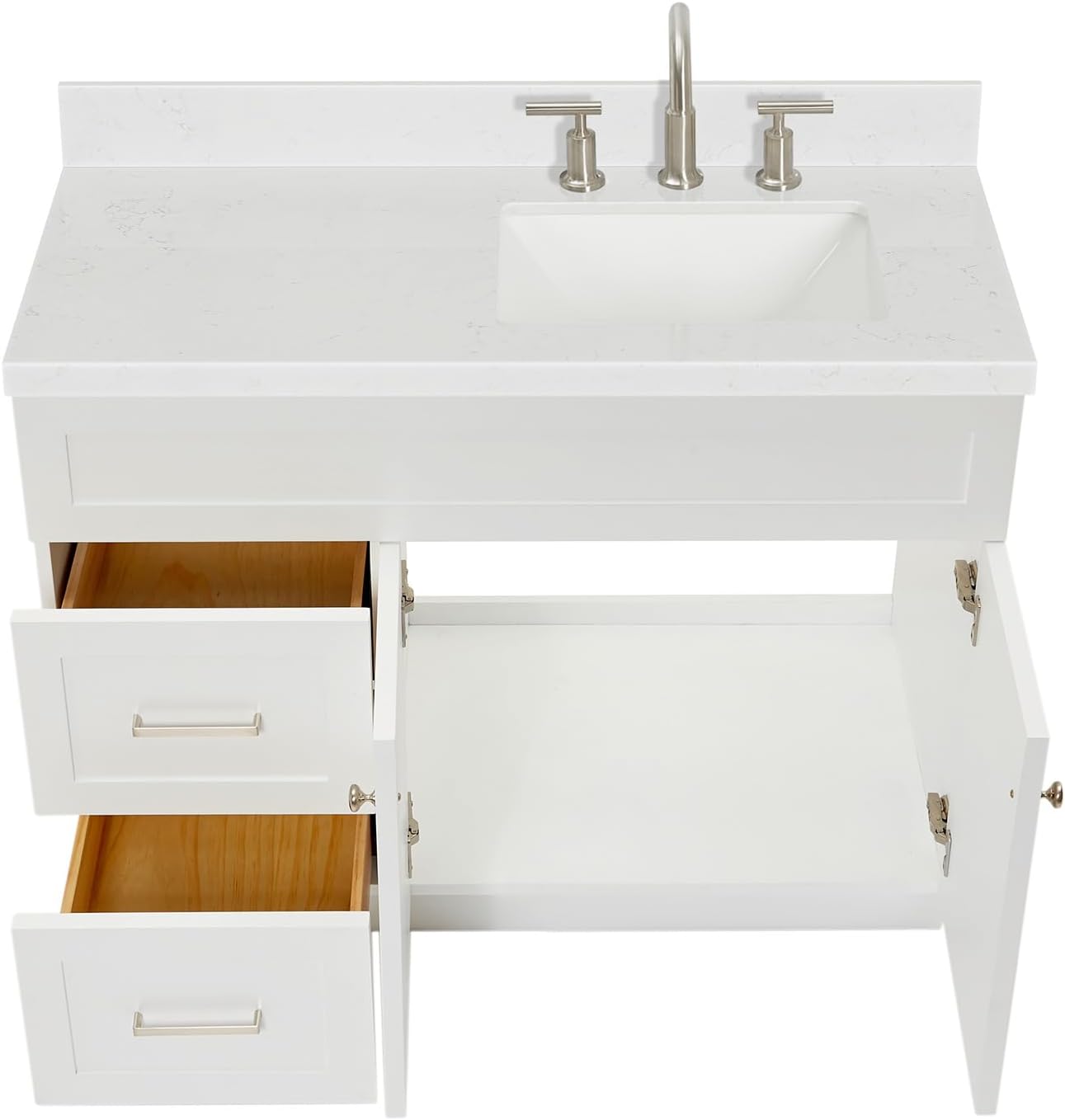 DKB Bradford 42-Inch White Single Bathroom Vanity with 1.5-Inch Carrara Quartz Countertop, Right Rectangular Sink, Solid Wood Frame, 2 Soft-Closing Doors, 2 Full Extension Dovetail Drawers, Toe Kick