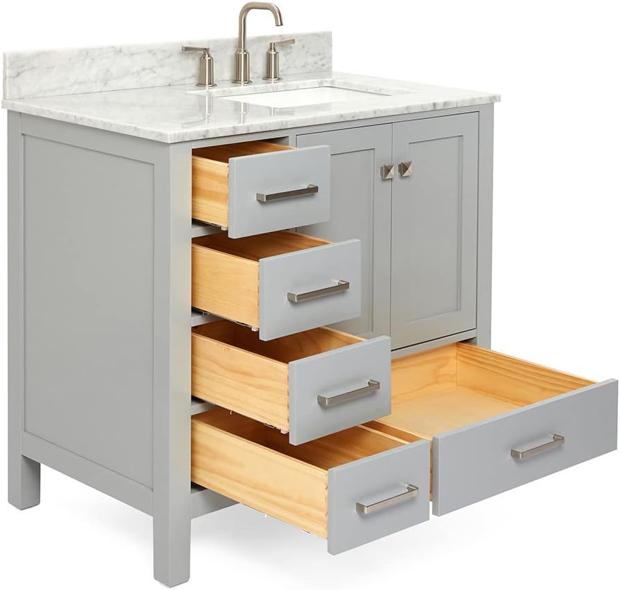 ARIEL Cambridge 36-inch Bathroom Vanity with Sink,Solid Wood, 0.75-inch Italian Carrara Marble Countertop, Single Rectangular Porcelain Sink, 2 Soft Closing Doors, 5 Dovetail Drawers, Grey