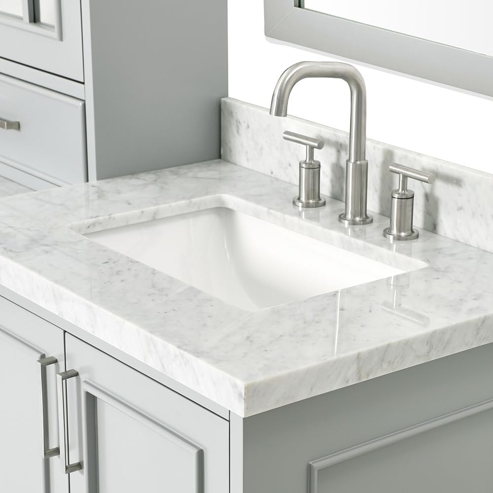 ARIEL Stafford 84-inch Bathroom Vanity with Sink,Solid Wood, 1.5-inch Italian Carrara Marble Countertop, Double Rectangular Porcelain Sink, 5 Soft Closing Doors, 6 Dovetail Drawers, Grey