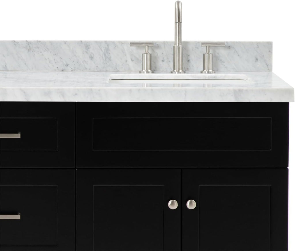 ARIEL Hamlet 66-inch Bathroom Vanity with Sink,Solid Wood, 1.5-inch Italian Carrara Marble Countertop, Double Rectangular Porcelain Sink, 4 Soft Closing Doors, 3 Dovetail Drawers, Black
