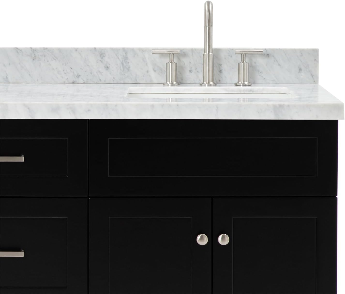 ARIEL Hamlet 66-inch Bathroom Vanity with Sink,Solid Wood, 1.5-inch Italian Carrara Marble Countertop, Double Rectangular Porcelain Sink, 4 Soft Closing Doors, 3 Dovetail Drawers, Black