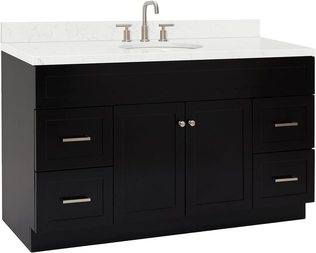 ARIEL Hamlet 60-inch Bathroom Vanity with Sink,Solid Wood, 1.5-inch Carrara White Quartz Countertop & Backsplash, Single Oval Porcelain Sink, 2 Soft Closing Doors, 4 Dovetail Drawers, Black