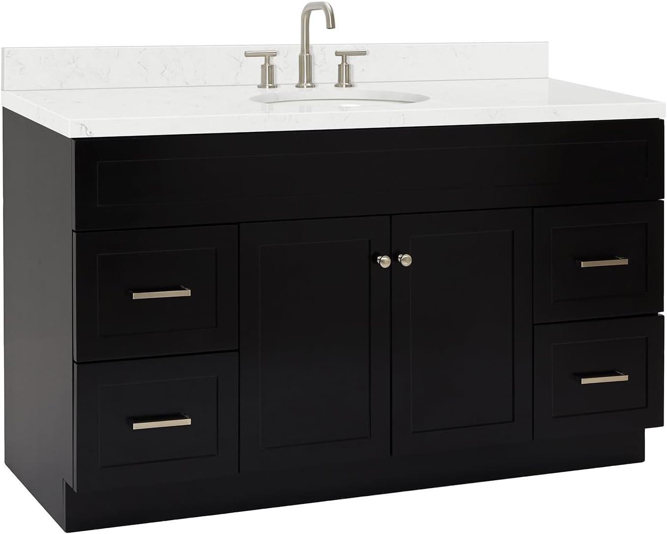 ARIEL Hamlet 60-inch Bathroom Vanity with Sink,Solid Wood, 1.5-inch Carrara White Quartz Countertop & Backsplash, Single Oval Porcelain Sink, 2 Soft Closing Doors, 4 Dovetail Drawers, Black