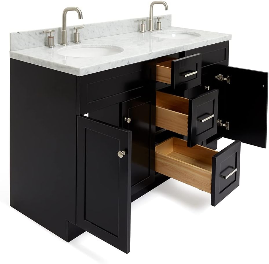 ARIEL Hamlet 60-inch Bathroom Vanity with Sink,Solid Wood, 1.5-inch Italian Carrara Marble Countertop & Backsplash, Double Oval Porcelain Sink, 4 Soft Closing Doors, 3 Dovetail Drawers, Black