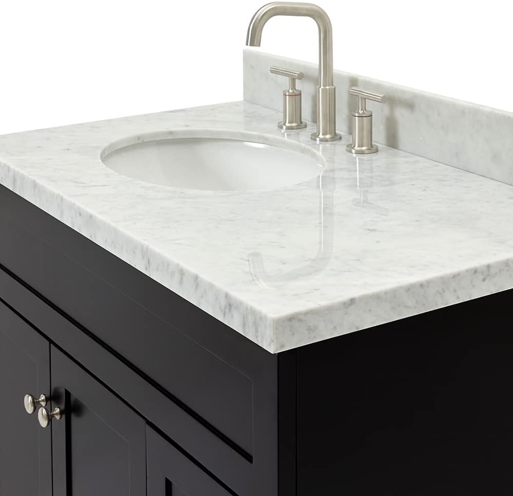 DKB Bradford 36' Black Single Bathroom Vanity with Sink, 1.5' Edge Italian Carrara Marble Countertop, Oval Undermount Sink, 2 Soft-Closing Doors, 2 Dovetail Drawers