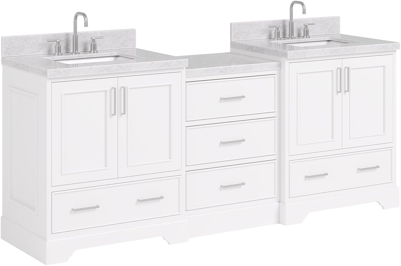 ARIEL Stafford 84-inch Bathroom Vanity with Sink,Solid Wood, 1.5in Italian Carrara Marble Countertop & Backsplash, Double Rectangular Porcelain Sink, 4 Soft Closing Doors, 5 Dovetail Drawers, White