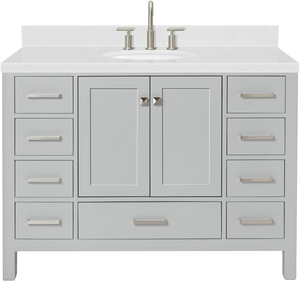 ARIEL Cambridge 48-inch Bathroom Vanity with Sink,Solid Wood, 1.5-inch Carrara White Quartz Countertop & Backsplash, Single Oval Porcelain Sink, 2 Soft Closing Doors, 9 Dovetail Drawers, Grey