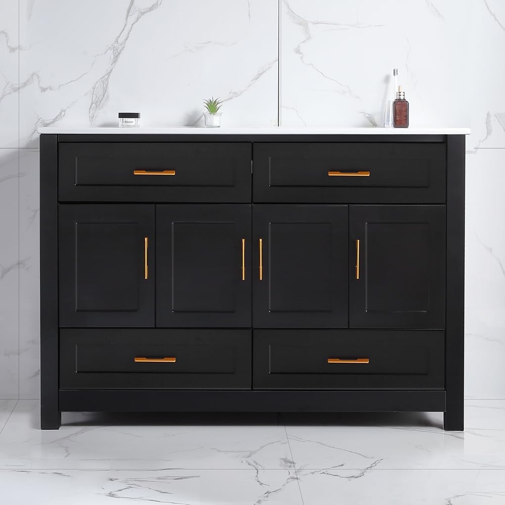 LUMISOL 48 Inch Bathroom Vanity with Ceramic Sink, Modern Wood Bathroom Cabinet with 4 Soft-Close Doors & 4 Drawers, Large Freestanding Single Vanity with Ceramic Sink, Black