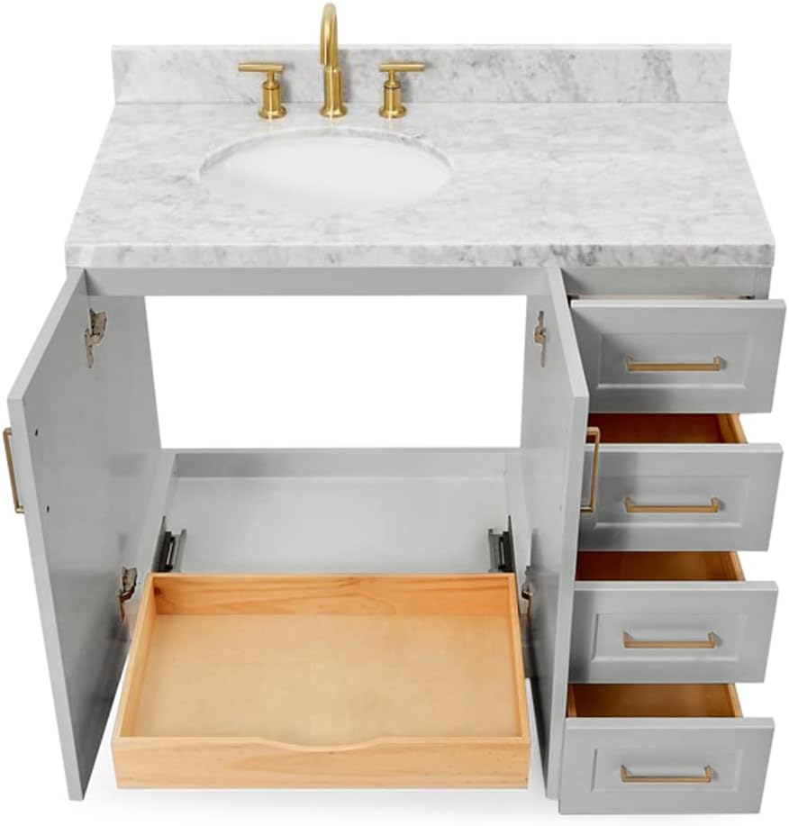 ARIEL Taylor 43 in. Left Offset Oval Sink Vanity with 1.5' Inch Carrara White Marble Countertop in Grey