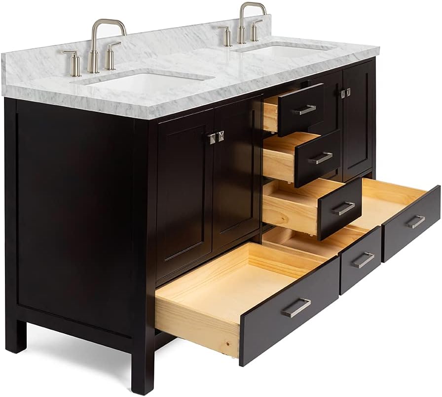 DKB Beckford 72 Inch Bathroom Vanity Double Sink — Espresso Bathroom Vanity with Sink, 1.5' Edge Italian Carrara Marble Countertop & Backsplash, 4 Soft-Close Doors, 6 Dovetail Drawers