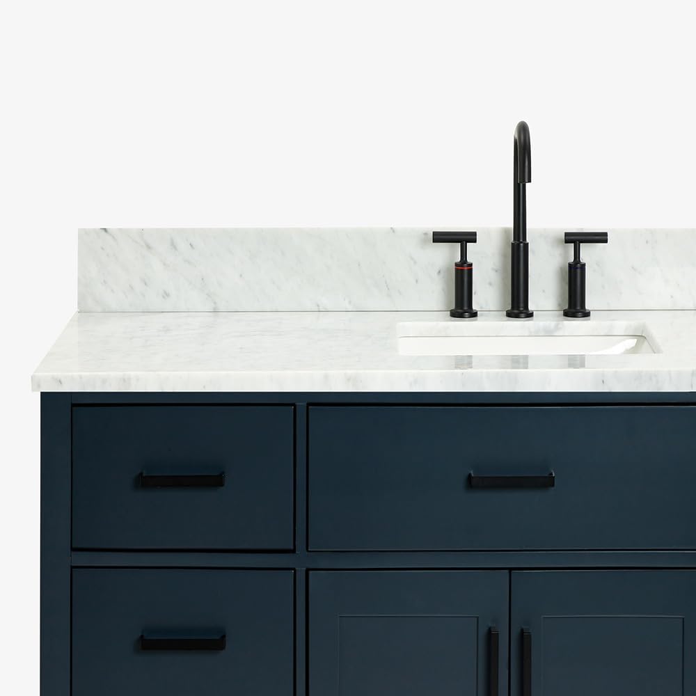 ARIEL Hepburn 60-inch Bathroom Vanity with Sink,Solid Wood, 0.75-inch Italian Carrara Marble Countertop, Single Rectangular Porcelain Sink, 2 Soft Closing Doors, 9 Dovetail Drawers, Midnight Blue