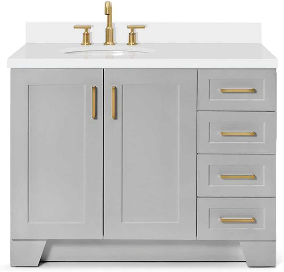 ARIEL Taylor 42-inch Bathroom Vanity with Sink,Solid Wood, 1.5-inch Pure White Quartz Countertop & Backsplash, Single Oval Porcelain Sink, 2 Soft Closing Doors, 5 Dovetail Drawers, Grey