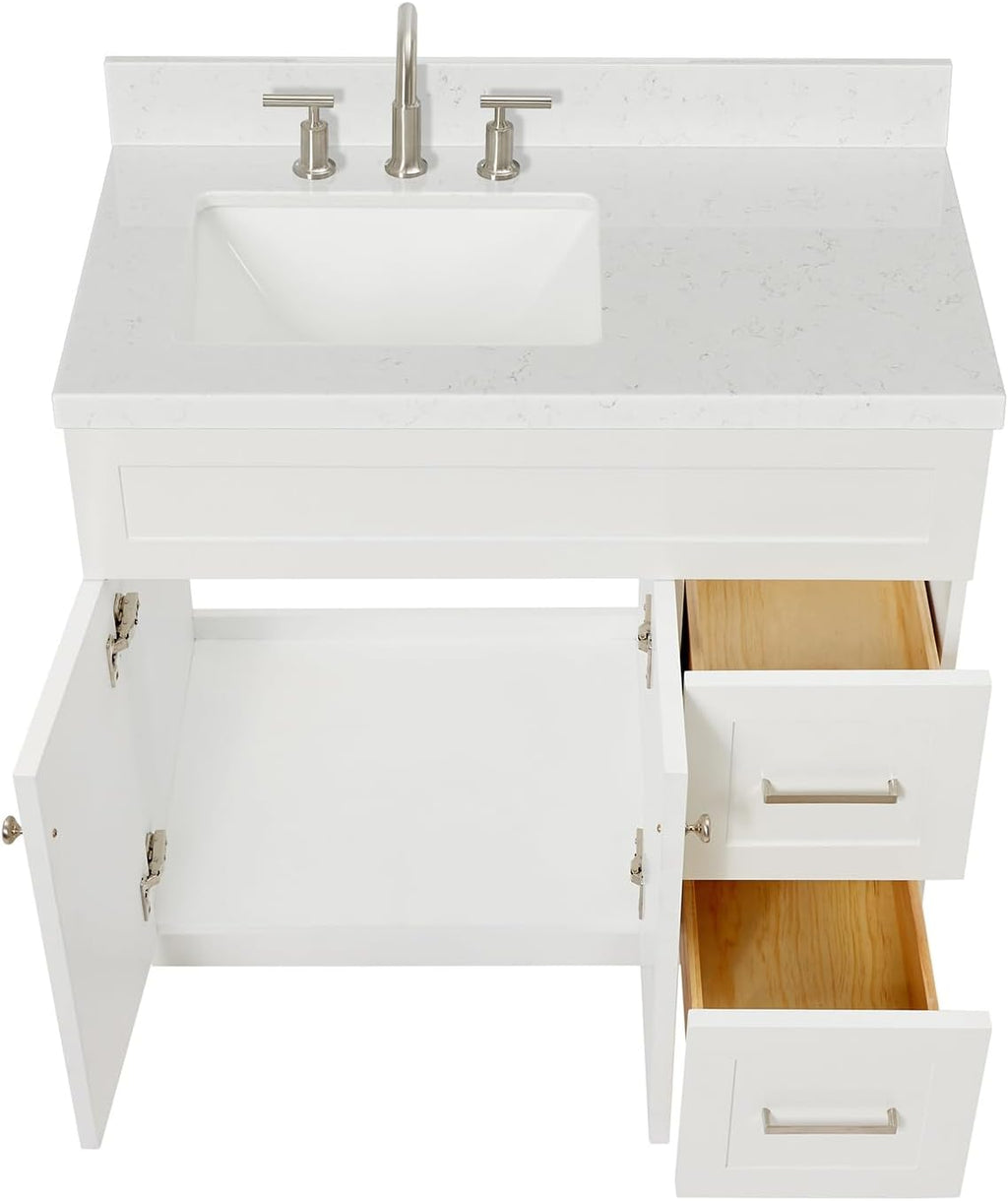DKB Bradford 36' White Single Bathroom Vanity with Rectangular Undermount Sink, 1.5' Carrara Quartz Countertop, 2 Soft-Closing Doors, 2 Dovetail Drawers